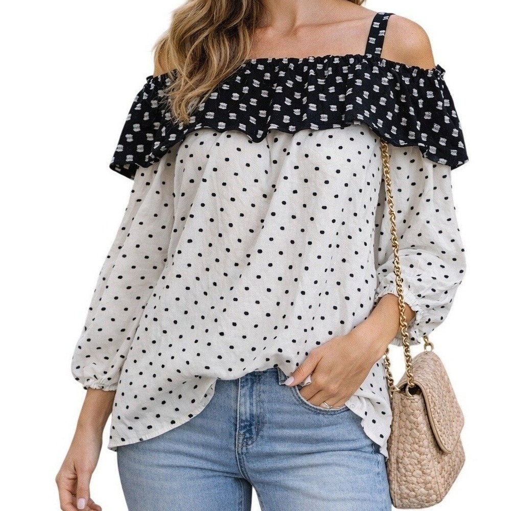 Women's Blouse Black White XL Polka Dot Off Shoulder Ruffle 3/4 Sleeve Cotton